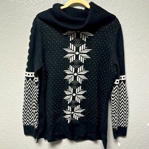 Talbots Cowl Neck Nordic Fair Isle Sweater Lambswool Blend Black Women's Large